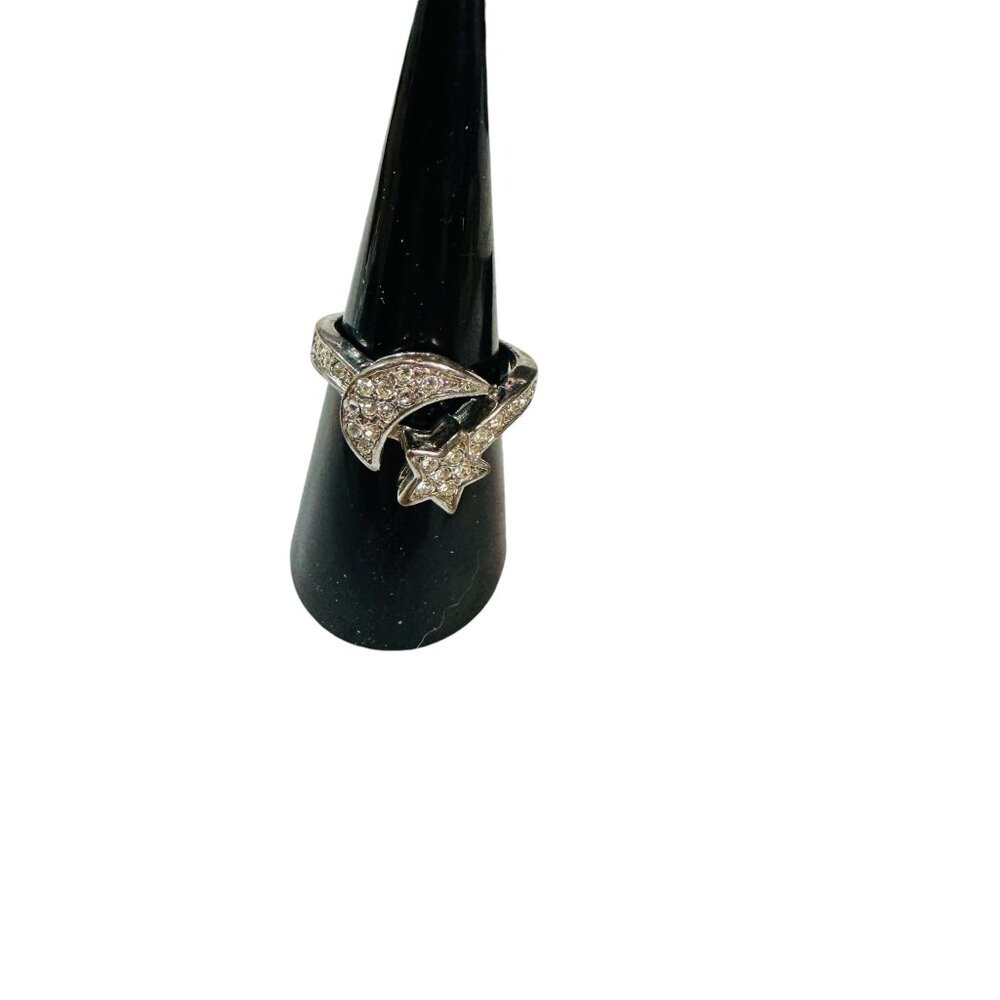 Sterling Silver Moon & Star Ring With Cubic Zirconia Stones Size 6-7 - Picture 1 of 1